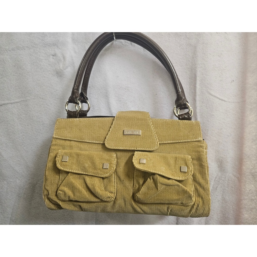 Miche Tan Corduroy Handbag Brown Faux Leather Handles Cargo Pockets Satchel